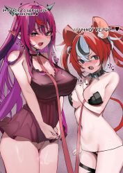 2girls absurdres animal_ears bikini blue_eyes blush breasts breath collar english_text female hakos_baelz heterochromia highres hololive hololive_english hololive_english_-council- hololive_english_-promise- horns irys large_breasts leash looking_at_viewer medium_breasts micro_bikini mouse_ears mouse_girl mouse_tail multicolored_hair multiple_girls navel nightgown oerba_yun_fang open_mouth paid_reward_available pointy_ears purple_eyes purple_nails pussy red_hair spiked_collar spikes stomach streaked_hair sweat swimsuit tail thigh_strap torpedo_(gad3757) virtual_youtuber