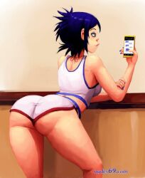 1girls asian ass athletic_shorts bending_over big_ass cellphone clothed clothing dolphin_shorts electronics eyeshadow female gorillaz hourglass_figure human noodle_(gorillaz) noodle_(pac-man) outta_sync pale_skin phone purple_hair shorts solo sportswear tagme tight_clothing white_shorts