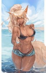 abs beach big_breasts cat_ears dark-skinned_female female female_only original original_character tezy8art thick_thighs wet