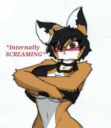 anthro big_breasts blush breasts canid canine choker english_text fan_character female fox fur furry furry_only jewelry mammal maxine_boulevard midriff necklace pace-maker small_waist solo text tomboy undressing wide_hips