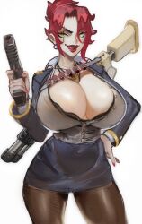 big_breasts breasts cleavage cyberpunk gun huge_breasts licking_lips lipstick necklace neroartbox red_hair shotgun skirt thick_lips vlora_"corpocunt" yellow_eyes