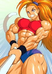 abs armband bandage big_breasts blue_eyes captain_mizuki earrings exposed_torso female female_only frown gritted_teeth huge_thighs long_hair looking_at_viewer muscular_female one-punch_man one_punch_man pokkuti pulling_rope red_topwear rope scrunchie shiny_skin sports_shorts straining sweat tagme thick_thighs tug_of_war wide_hips wide_shoulders