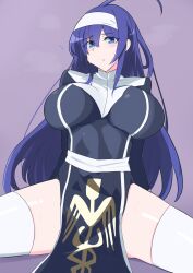 1girls alternate_breast_size bacantshift1st blue_eyes blue_hair blush breasts female female_only large_breasts long_hair looking_at_viewer orie_ballardiae solo spread_legs sweat under_night_in-birth