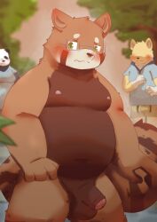 2022 absurd_res ailurid anthro balls belly blush canid canine canis domestic_dog eyewear flaccid genitals giant_panda glasses group hi_res humanoid_genitalia humanoid_hands humanoid_penis kemono male mammal moobs nipples outside overweight overweight_male penis pixiv_id_54092237 plant red_panda tree ursid young