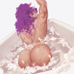 1boy ambush_(trap) androgynous arm_up ass_focus back back_muscles back_view bara bath bathtub battle_tendency bedroom_eyes big_ass big_butt bubble_ass bubble_bath bubble_butt bubbles glistening_body glistening_skin hair_ribbon highres horn horns human human_only jojo's_bizarre_adventure kars lkikai long_eyelashes long_hair long_hair_male looking_at_viewer looking_back male male_focus male_only muscles muscular muscular_ass muscular_back muscular_male naked nude nude_male pale-skinned_male ponytail purple_eyes purple_hair round_ass sensual solo solo_focus solo_male water wavy_hair