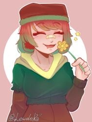 bandaid bandaid_on_nose closed_eyes coat gradient_hair green_hairtips holding_flower hoodie lewdeka light-skinned_female light_skin minecraft minecraft_mob mob_vote red_hair red_hat rule_63 saliva_drip sniffer