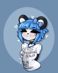 1futa 2d anthro autopaizuri autopaizuri_under_clothes blue_hair blush bow_ribbon bulge casual casual_autopaizuri casual_erection choker closed_eyes clothed clothing english_text erection eyelashes fully_clothed furry furry_futa furry_intersex furry_only futa_only futanari genital_outline giant_panda gynomorph hair heart intersex jewelry limebreaker mammal necklace nuwa_nightstone original penis_outline penis_under_shirt shirt smile solo topwear ursid