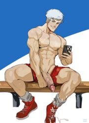 akihiko_sanada big_cock big_penis boner cellphone cum cum_covered erect_penis erection hard_on horny_male huge_cock huge_cock kaito_draws male male_only muscles muscular muscular_male pants_down penis_out persona persona_3 selfie short_shorts sitting smiling uncut veiny_penis