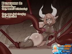 1girl 1girls arm_support arm_up artist_logo artist_name bare_hips bare_shoulders black_legwear black_leotard brown_eyes brown_theme comic covered_navel crossed_legs dot_nose dragon_girl dragon_wings dungeon english_text female horns indoors large_breasts light_brown_hair looking_down medium_hair milk_flaker on_side open_mouth original patreon_logo patreon_username pointy_ears shiny_skin sidelocks subscribestar_logo subscribestar_username swept_bangs tail teeth tentacle tentacle_grab thick_eyebrows thick_eyelashes thick_lips thick_thighs thigh_boots twitter_logo twitter_username uncensored watermark web_address wide_hips wings worried