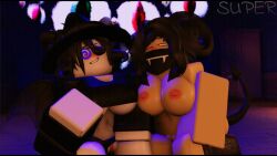 2girls 3d animated black_hair blush breasts breasts_pressed_together character_request doors_(roblox) eyes_(doors) gif heart-shaped_pupils hypnosis nude_female panties_aside roblox robloxian self_upload shirt_lift super_(artist) tagme tail