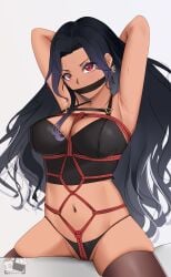 1girls angry_face armpits arms_behind_head arms_tied_behind_back arms_up belly_button big_breasts black_hair black_panties bondage clothed earrings gag latina legwear midriff mole mole_under_eye navel nijisanji nijisanji_en red_eyes rope rope_bondage scarle_yonaguni sexy_armpits shinoillust solo solo_female solo_focus thighhighs thighs tight underwear virtual_youtuber