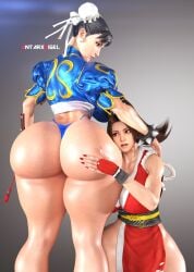 2girls 3d alternate_ass_size antarxrigel asian asian_female ass_grab ass_worship big_ass black_hair blue_g-string blue_thong brown_hair capcom chun-li cleavage cleavage_cutout clothed clothing crossover death_battle face_on_ass fatal_fury feet_out_of_frame female female_face_near_ass female_only g-string head_on_ass huge_breasts king_of_fighters kunoichi large_ass large_breasts large_butt large_thighs light-skinned_female light_skin long_hair mai_shiranui multiple_girls nail_polish ponytail simple_background snk standing street_fighter thick_legs thick_thighs thunder_thighs tied_hair wide_hips yuri