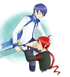 2boys blue_eyes blue_hair blush cum cum_in_mouth cum_inside curled_hair elf_ears gay gay_sex kaito_(vocaloid) magenta_eyes magenta_hair male/male male_only orgasm_face pointy_ears scarf sucking_off sucking_penis ted_kasane uniform utau virtual_singer vocaloid yaoi