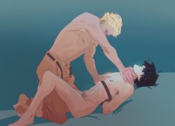 2boys artist_request black_hair blonde_hair choking closed_eyes dark_hair dream_of_the_endless gay half-dressed hands_behind_back laying male male/male male_focus male_only naked on_back on_top the_corinthian the_sandman tied yaoi