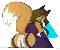 2018 anthro anus black_ears breasts brown_hair canid canine cassie_(foxydude) clothing dogfluid eyewear female fox fur genitals glasses green_eyes hair looking_back mammal markings multicolored_body multicolored_fur orange_body orange_fur orange_tail purple_clothing pussy solo tail_markings two_tone_body two_tone_fur two_tone_tail white_body white_fur white_tail