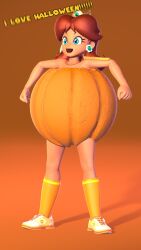 ! !! !!!! 1girls 3d blue_eyes brown_hair crown earrings eyelashes face_freckles female fist freckles freckles_on_face halloween halloween_costume krcanondorf long_hair mario_(series) mouth nearly_nude nintendo nude nude_female open_mouth orange_hair princess_daisy pumpkin pumpkin_outfit scream screaming shiny_hair shiny_skin shoes socks teeth tongue