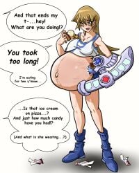 alexis_rhodes belly big_belly big_breasts blonde_hair breasts cleavage dialogue female food narcoleptic_vampire outie outie_navel pregnancy_cravings pregnant skimpy stretch_marks text veiny_belly yu-gi-oh! yu-gi-oh!_gx