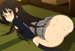 ass ass_focus big_ass black_hair blush censored censored_pussy inoue_takina long_hair looking_at_viewer lycoris_recoil only_female purple_eyes pussy showing_ass zuharu