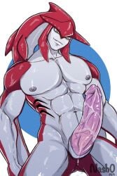 anthro bara barazoku big_penis boner breath_of_the_wild erection gay genital_slit golewdgo male male_only marine marine_humanoid muscles muscular nintendo penis red_body sidon_(zelda) solo solo_male the_legend_of_zelda zora