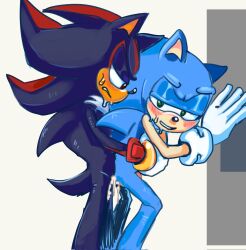 anal anal_sex anthro cum cum_in_ass furry gay gay_sex green_eyes penis red_eyes shadow_the_hedgehog sonadow sonic_(series) sonic_the_hedgehog standing_up yaoi