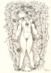 absurd_res anthro bovid caprine corpse death female flower genitals graphite_(artwork) hi_res hooves mammal monochrome nature nature_background nipples pencil_(artwork) plant pussy rose_(flower) sacrifice scale_(artist) sheep solo traditional_media_(artwork) young