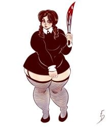 1girls 2021 artist_signature blood blue_eyes chubby curvaceous eroseroticart fishnets solo solo_female the_addams_family thick_thighs wednesday_addams white_background wide_hips