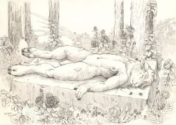 absurd_res anthro bovid caprine corpse death female flower forest forest_background genitals graphite_(artwork) hi_res hooves mammal monochrome nature nature_background nipples pencil_(artwork) plant pussy rose_(flower) sacrifice scale_(artist) sheep solo traditional_media_(artwork) tree young