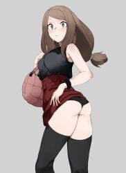 1girls ass bag black_legwear black_panties black_socks bracelet brown_hair clothing_lift keiz long_hair nintendo pokemon pokemon_xy serena_(pokemon) serena_(pokemon_games) simple_background skirt skirt_lift sleeveless sleeveless_shirt socks thigh_socks thighhighs underwear