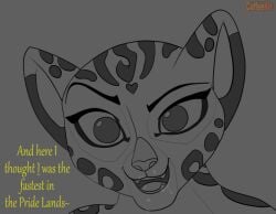 anthro bodily_fluids cheetah close-up coffeekit cum cum_on_face cum_on_tongue dialogue disney english_text felid feline female fuli fur genital_fluids headshot_portrait looking_at_viewer mammal markings monochrome portrait smile solo spots spotted_markings talking_to_viewer teenager text the_lion_guard the_lion_king tongue young