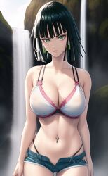 1girls ai_generated bangs bare_shoulders belly belly_button big_breasts bikini bob_cut bra breasts busty cleavage collarbone curvy curvy_body curvy_female curvy_figure dark_green_hair earrings eye_contact eyelashes female female_only fringe front_view fubuki_(one-punch_man) g-string green_eyes hips hourglass_figure jean_shorts large_breasts light-skinned_female light_skin lips lipstick looking_at_viewer medium_hair midriff minishorts nai_diffusion navel navel_piercing one-punch_man open_zipper panties pierced_belly_button pierced_ears piercing shiny_skin short_hair short_shorts shorts slim slim_waist smooth_skin stable_diffusion stomach thighs thin_waist thong toned_stomach top_wear voluptuous waist waterfall wide_hips