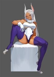 1girls animal_ears bangs box breasts dark-skinned_female dark_skin female female_only full_body fully_clothed gloves grin jason_kim knee_up large_breasts leotard long_hair looking_at_viewer miruko muscular muscular_female my_hero_academia rabbit_ears rabbit_girl red_eyes rumi_usagiyama simple_background sitting sitting_on_box smile solo solo_female teeth thighhighs thighs white_hair