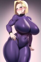 ai_generated android_18 big_breasts blonde_hair blush bodysuit breasts busty dragon_ball dragon_ball_z female female_only hand_on_hip huge_breasts looking_at_viewer nai_diffusion png purple_bodysuit red_eyes robot_girl skintight smile stable_diffusion thick_thighs voluptuous