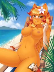 accessory anthro areola beach beach_chair blush breasts chair cloud cutie_mark detailed_background digital_media_(artwork) equid equine erect_nipples fan_character female flower flower_in_hair furniture genitals hair hair_accessory hasbro hi_res jewelry leg_markings looking_at_viewer mammal markings my_little_pony navel necklace nipples nude outside palm_tree pegasus plant public public_nudity pussy reclining sand sea seaside serenity_(whitefeather0) sky smile smiling_at_viewer solo tree water wings winnigrette