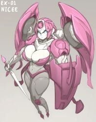 alien alien_girl arcee arcee_(g1) big_breasts blue_eyes breasts cleavage cybertronian ex-01_nicee female huge_breasts panties pink_panties robot robot_girl robot_humanoid secretly_saucy sword tagme thick_thighs transformers white_skin