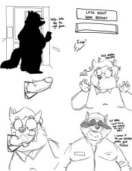 2022 anthro bravo canid canine canis clothing domestic_dog duo english_text erection eyewear genitals glasses hat headgear headwear hi_res male male/male mammal mature_male oral overweight overweight_male penis procyonid raccoon shirt text topwear