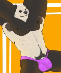 2022 abs anthro armpit_hair armpits beastars big_bulge big_muscles black_sclera body_hair bulge clothing detailed_bulge fur genitals giant_panda gouhin hands_behind_head happy_trail hi_res jayjay_(artist) male male_only mammal muscular muscular_anthro muscular_male navel nipple_piercing nipples obliques pecs penis penis_base piercing pubes scar simple_background sitting solo thong tuft underwear ursid