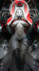 anthro big_breasts breasts claws cleavage clothing cult_of_the_lamb fangs female fox_ears fox_girl fox_tail fur furry juliathedragoncat kitsune long_hair navel original original_character red_crown_(cult_of_the_lamb) sharp_teeth tail thick_thighs tongue