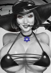 1girls abigail_shapiro alcina_dimitrescu alcina_dimitrescu_(cosplay) big_breasts bikini black_hair blood_libel earrings female female_only glowing_eyes halloween hat huge_breasts jewish necklace parody real_person resident_evil resident_evil_8:_village solo star_of_david tight_clothing tight_fit vampire