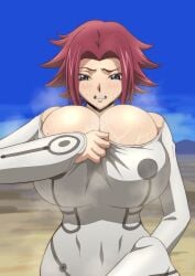 1girls big_breasts breasts_bigger_than_head bursting_breasts cleavage code_geass huge_breasts iwao178 kallen_stadtfeld large_breasts red_hair short_hair solo_female solo_focus thigh_clothes tight_clothing