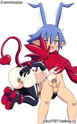 1boy 1girls anal_fingering ass ass_grab bent_over blowjob blue_hair blush breasts clothing disgaea etna fellatio laharl nippon_ichi_software oral penis pussy pussy_juice red_eyes red_hair sitting small_breasts suprised tail wings yiku1707