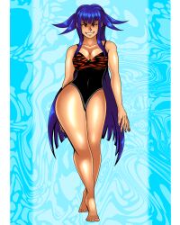 1girls bangs barefoot big_breasts breasts cate_(dual_dragons) dual_dragon female hair_fangs hime_cut long_hair one-piece_swimsuit original_character purple_hair red_eyes smile smirk swimsuit thick thick_thighs thighs walking wide_hips