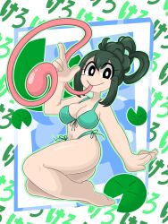 ass bikini frog_girl green_hair japanese_text jennlumm looking_at_viewer my_hero_academia samurairen thick_thighs tongue tongue_out tsuyu_asui