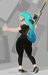 ass blue_eyes blue_hair clothed dodo-bot inkling inkling_girl looking_at_viewer looking_back solo splatoon splatoon_(series) splatoon_3 thick_ass thumbs_up tight_pants