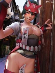 1girls 3d asian blush cleavage covered_crotch covered_nipples covered_pussy drooling exposed_breasts headgear holding_object kiriko_(overwatch) light-skinned_female m71z30 overwatch overwatch_2 public public_indecency selfie smile taped_nipples taped_pussy tongue tongue_out wet_body wet_skin