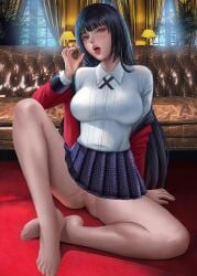 1girls alexander_dinh big_breasts black_hair breasts breasts_out censored clothed clothing couch feet fellatio_gesture female female_focus female_only fit fit_female hime_cut holding_card jabami_yumeko kakegurui legs long_hair looking_at_viewer nail_polish nails navel pinup playing_card red_eyes red_toenails sitting solo