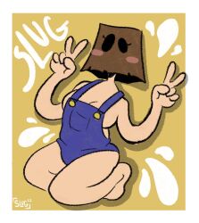 bag_over_head breasts naked_overalls oc original_character overalls paper_bag slimyslugnsfw_(artist) slug_(slimyslugnsfw)