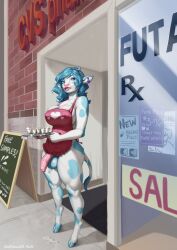 anthro apron balls blue_hair bodily_fluids bovid bovine breasts cattle clothing cum_as_food dickgirl dripping english_text futa_only futanari genital_fluids genitals gynomorph hair hi_res hooves horn intersex mammal marmalademum medial_ring penis precum precum_drip solo tail_tuft text tuft vein veiny_penis