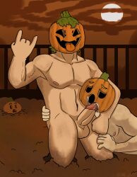 bodily_fluids cloud cum dirt dirty duo erection food fruit genital_fluids genitals hi_res human humanoid humanoid_genitalia humanoid_penis lewd_latte male mammal moon original_characters outside penis plant pumpkin pumpkin_head