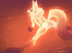 2022 4_ears all_fours anthro anus arched_back ass ass_up biped blue_eyes breasts brown_body brown_fur canid canine claws digital_media_(artwork) digitigrade dipstick_tail discreet_user female fox fur genitals glowing glowing_body glowing_fur looking_at_viewer looking_back looking_back_at_viewer mammal markings multi_ear multicolored_body multicolored_fur mylar_(discreet_user) neck_tuft paws presenting presenting_hindquarters pussy simple_background solo spread_legs spreading tail_markings toe_claws tuft two_tone_body two_tone_fur yellow_body yellow_fur