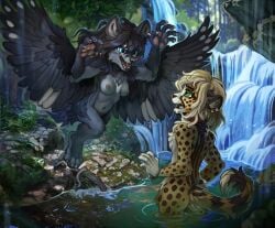 acino black_hair blonde_hair blue_eyes breasts canine cheetah ear_piercing feline fox green_eyes grey_fur hioshiru_(character) nude outside scar sharley spots spotted_fur waterfall wings yellow_fur